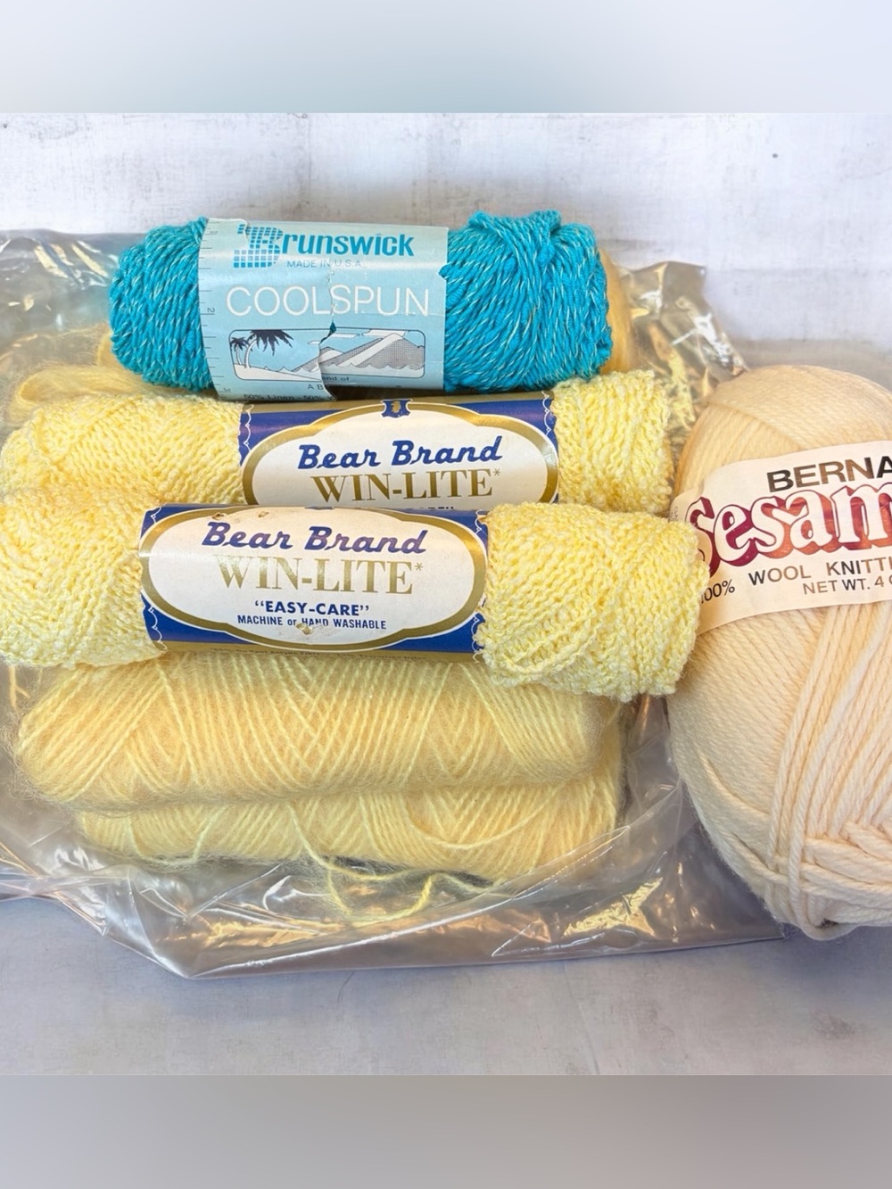Bear Brand & Bernat Yarn Bundle - Yellow & Teal and white set of 9 skeins